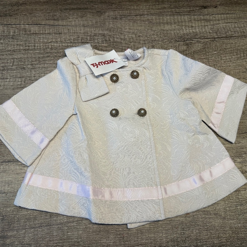 NWT Vintage Herilooms by Polly Flinders Quilt Button Front Bow Jacket w Pink
